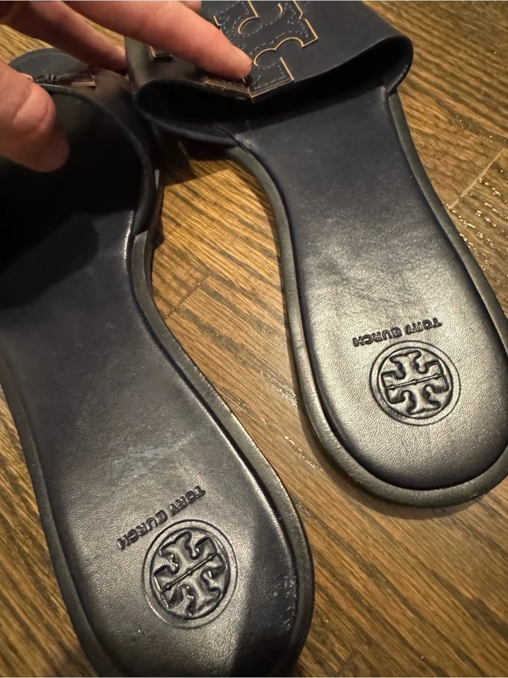 Tory Burch Double-T Sport Slide Sandal Navy Gold 10 Summer Designer Luxury